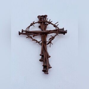 Brutalist 4"  Artisan Crucifix Cross Crown Of Thorns Barbed Wire & Nails Pendant